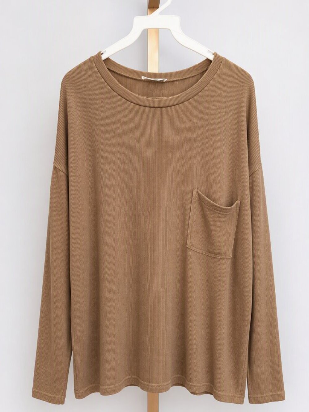 Zenana XL Oversized Ribbed Pocket Top Camel Brown Long Sleeve Stretch Tunic